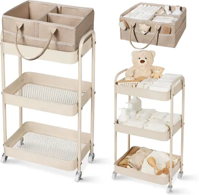 Productafbeelding van 2-in-1 Rolling Diaper Cart & Nursery Organizer - Laags mobiele utility cart met een caddy tas - Afneembaar en draagbaar