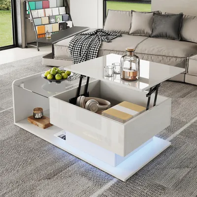 Produktbild von STILVORA Anhebbarer Couchtisch mit Glasplatte und LED-Beleuchtung,Beistelltisch mit Stauraum,Kaffeetisch mit Hochglanz,weiß