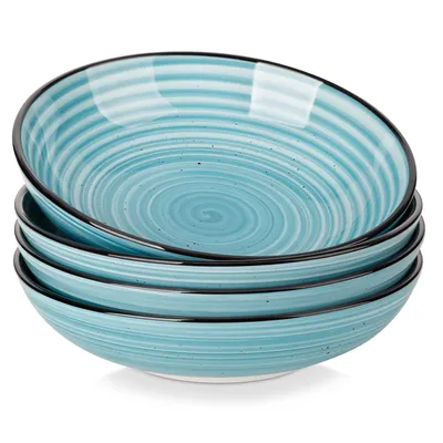 Image de MALACASA : Assiettes en céramique, ensemble de 4 pièces comprenant : assiettes à soupe, bols à pâtes, bols pour ramen, saladiers et bols polyvalents, de couleur bleue