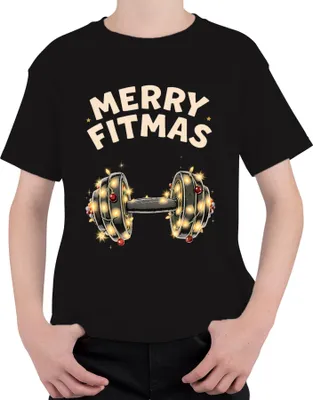 Produktbild von Merry Fitmas Hantel Fitness Weihnachten Geschenk Lustig Uni Kinder T-Shirt, Schwarz, 104
