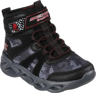 A single black high-top sneaker with red and white accents.