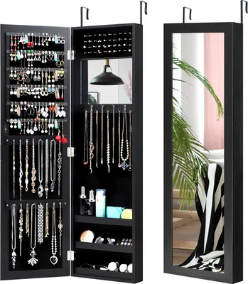 COSTWAY Verspiegelter Schmuckschrank, Schmuckregal mit Ganzkörperspiegel, eingebautem Schminkspiegel, Haken & 3 Regalen schwarz