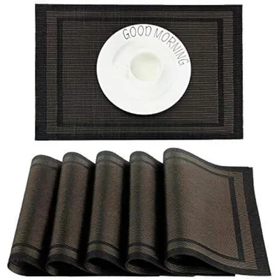 Zdjęcie produktu dla Podkładki pod talerze, zestaw 6 sztuk, PVC, odporne na ciepło, antypoślizgowe, 45x30 cm, czarne i złote
