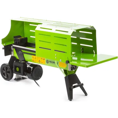 A green and black electric log splitter is shown against a white background.