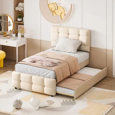 Produktbild von Flieks Polsterbett 90x200cm mit Ausziehbarem Bett, Jugendbett Kinderbett mit Lattenrost, Einzelbett Gästebett Funktionsbett Holzbett, Leinen, Beige