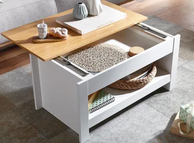 Produktbild von WOHNLING Couchtisch Weiß / Eiche 85x47x45 cm Wohnzimmertisch mit Stauraum Design Sofatisch mit Ablagefach Modern Kaffeetisch Loungetisch Eckig