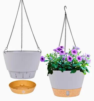 Image de Pots de fleurs suspendus de 25,4 cm pour l'intérieur et l'extérieur, pots suspendus avec trou de drainage pour plantes, pots de fleurs suspendus avec 3 crochets, pots suspendus pour le jardin et l'appartement (gris clair)