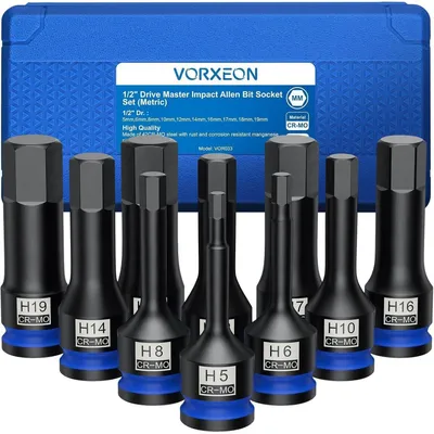 Productafbeelding van Schlagschroefdoppenset, 1/2" aandrijving, 10-delig, zeskant, 5-19mm, 42CRMO, met opbergbox