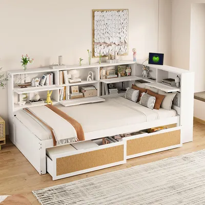 Obrázek produktu pro Rozkládací pohovka z masivního dřeva Merax 90x200 cm se zásuvkou USB, denní lůžko s úložným prostorem, multifunkční lůžko v ratanovém vzhledu, pro dětské a mládežnické pokoje, bílá barva