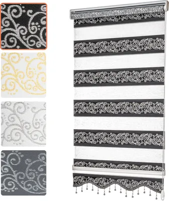 Produktbild von Doppelrollo Klemmfix ohne Bohren mit Perlen mit Volant Jalousien Gardinen Blumen Ranken Muster Schwarz Silber 50 x 200 cm (Stoffbreite 46cm)