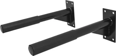 Two black metal dip station bars mounted on wall plates, shown from a diagonal angle against a white background.