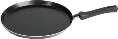 A black frying pan with a black handle is shown against a white background.