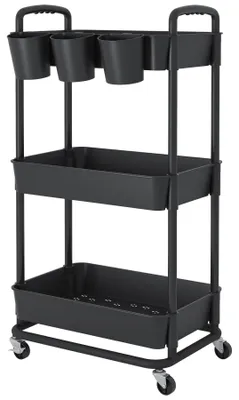 Image de Chariot de service à 3 étagères, en plastique, avec étagères suspendues supplémentaires, poignées, roulettes blocables, pour le salon, la salle de bains, la cuisine, le bureau, noir