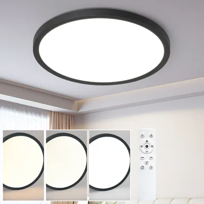 A round, black-rimmed LED ceiling light is shown mounted on a white ceiling. Below the main light, three smaller circular images display the light at different color temperatures (warm, neutral, and cool white). To the right of these, a white remote contro