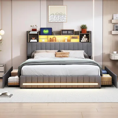 Immagine prodotto di Letto imbottito - Letto matrimoniale - Letto contenitore - Camera da letto moderna - Con stazione di ricarica e luci LED - 160 x 200 cm - Grigio