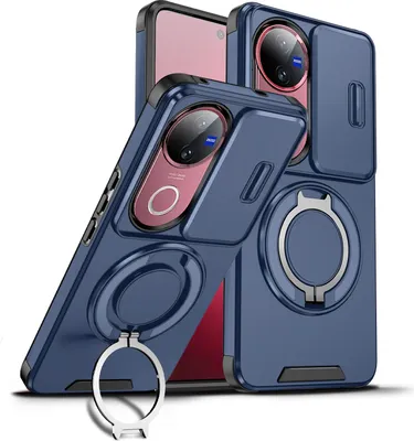 Image de Etui double couche pour vivo V50, couvercle coulissant pour l'appareil photo et anneau magnétique bleu