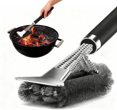 Produktbild von 3-in-1 Grillreinigungsset – Professionelle Grillbürste aus Edelstahl mit Schaber und Aufhängehaken – Extra lange Borsten für Gas- und Holzkohlegrills