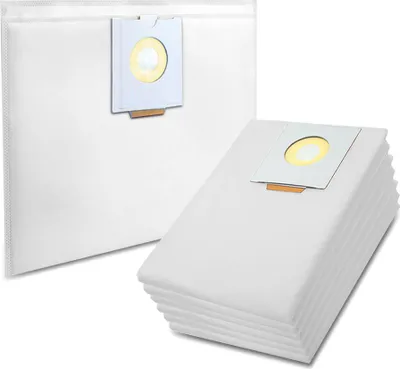Two white vacuum cleaner bags are shown against a white background. One bag is shown individually, and the other is part of a stack of five bags.