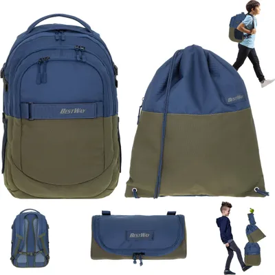 Produktbild von Schulrucksack Jungen 3 Teile Set Bestway Evolution Packer Schulmappe Rucksack Schultasche Tasche 40177-0626 Sportbeutel, Mäppchen Color Block Oliv Blau +rsm
