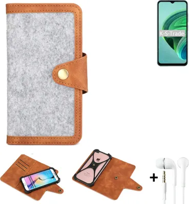Produktbild von K-S-Trade Handyhülle + Kopfhörer kompatibel mit Xiaomi Redmi 10 5G Schutzhülle Filz Hülle Kunstleder hellgrau braun (1x)