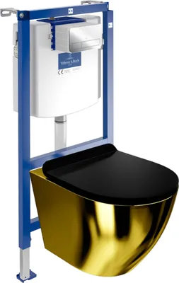 Produktbild von DOMINO Villeroy&Boch ViConnect H112 Vorwandelement Unterputz WC mit Bedienplatte + Wand Hänge Tiefspül WC Sofi Slim Gold/Black Spülrandlos | WC Sett |