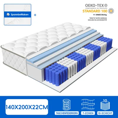 Produktbild von portreen Matratze Taschenfederkern H3, 140x200 cm, 22 cm hoch, 7-Zonen, 3000 Federn, Premium, Atmungsaktiv, Hypoallergen, Geräuschlos, bis 150 kg, 10 Jahre Garantie