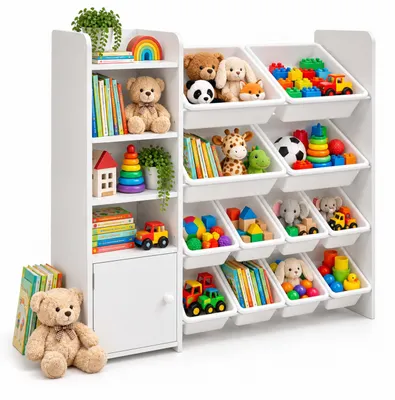 Productafbeelding van Relaxdays Boekenkast voor kinderkamer, 12 vakken, 4 compartimenten, hoogte x breedte x diepte: 100 x 112 x 30 cm, MDF, kunststof, speelgoedrek voor kinderen, wit, AI-gegenereerde afbeelding