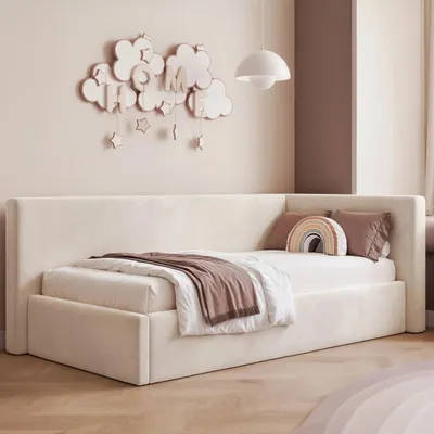 Produktbild von Eckbett Jugendbett Sampre 80x200 cm Hellbeige Rechts Velvet – Bettkasten, Metalllattenrost