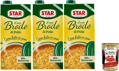 Produktbild von STAR Il Mio Brodo Pollo, 3x 1L, Bereit -hergestellte flüssige Brühe, 100% natürlich, ohne Konservierungsstoffe, Gluten -freie und hinzugefügte glutamatfreie + Italian Gourmet polpa 400g