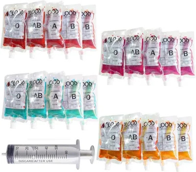 Halloween-Blutbeutel 10er-Pack mit Spritze und Aufklebern
