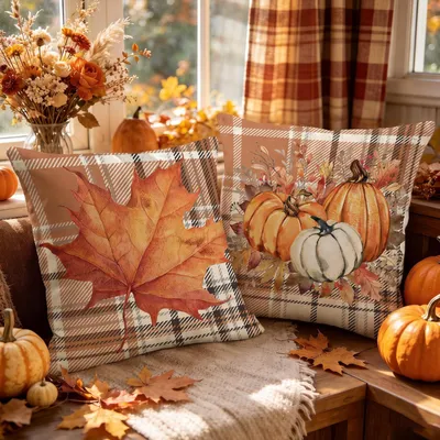 Kissenbezüge 45x45 cm, orange, Kürbis & Ahornblatt, 2er-Set