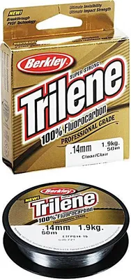 A box and spool of Berkley Trilene 100% Fluorocarbon fishing line.