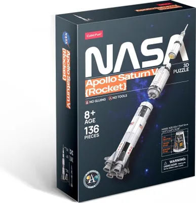 The image shows the packaging of a 3D puzzle of the Apollo Saturn V rocket.