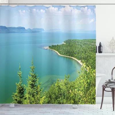 Immagine prodotto di ABAKUHAUS lake Forest Tenda da doccia, panorama del Lago Superiore Paesaggio mozzafiato, 175 x 240 cm, verde mare blu