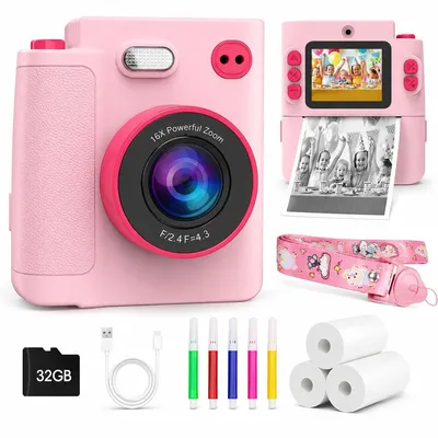 Produktbild von Kinder Sofortbildkamera 1080P HD, Sofortdruck-Kamera mit 32GB Speicherkarte & Druckpapier, Kinderkamera für 3-12 Jahre Jungen/Mädchen, Geschenk Rosa