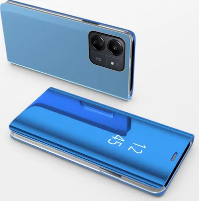 A blue smartphone with a clear view flip case, shown from two angles.