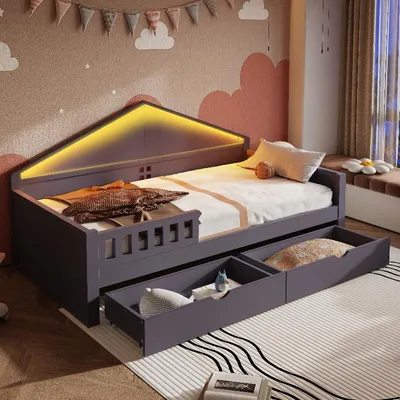 Zdjęcie produktu dla Łóżeczko dziecięce 90x200 cm z drewna w kolorze szarym, z listwą LED, 2 szufladami i stelażem, idealne jako łóżko młodzieżowe lub pojedyncze do pokoju dziecięcego