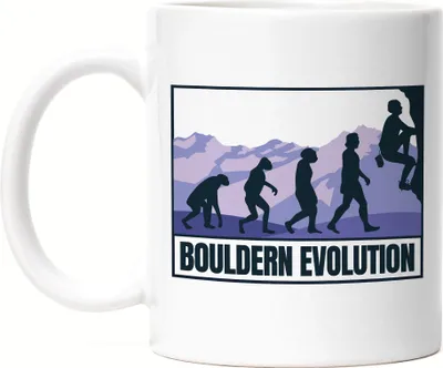 Produktbild von Bouldern Evolution Tasse Weiß Klettern Sport Freizeit Hügel Felsen Höhe Gipfel Kletterschuhe Kletterer Berge Climb