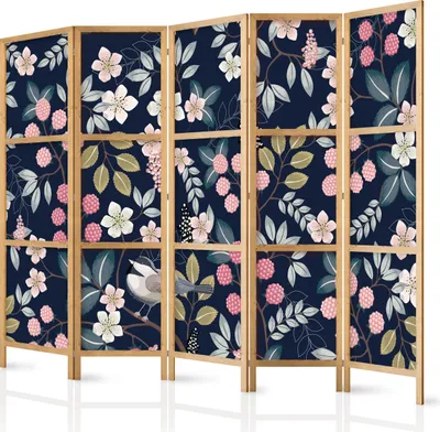 Produktbild von Paravent XXL Blumen Blätter Vögel Natur 225x171 cm - 5-teilig - einseitig - eleganter Sichtschutz - Raumteiler - Trennwand - Raumtrenner - Holz - Design Motiv - Deko - Japan b-B-0592-z-c