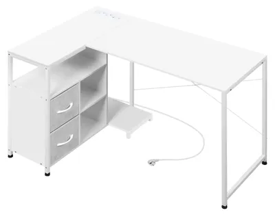 Image de Bureau d'angle en forme de L - Bureau informatique - Structure en bois - Rangement intégré - Support pour clavier - À assembler soi-même - Blanc