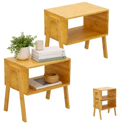 Image de Relaxdays, ensemble de 2 tables de chevet, bambou, empilables, avec étagère ouverte, dimensions (H x L x P) : 42 x 43 x 29 cm, table d'appoint pour salon, couleur naturelle