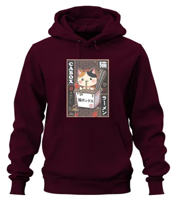 Immagine prodotto di CABOX Felpa con cappuccio, stile retrò anime giapponese, con motivo "Kawaii Katze Ramen", taglia 3XL, colore bordeaux