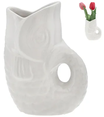 Produktbild von Vase Fisch 'Blubb' 12x13x7cm Dolomit weiß Blumenvase Dekovase Tischvase Fischform Fischmaul Henkel