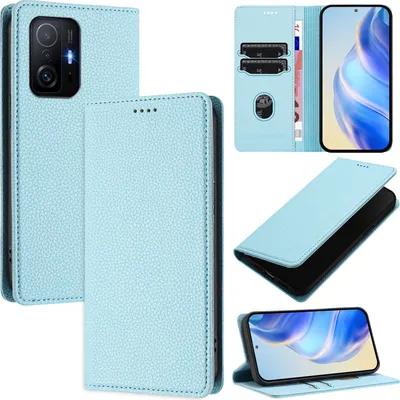Produktbild von Litchi Leder Handyhülle für Xiaomi 11T / 11T Pro Wallet Kartenfächer Standfunktion Hülle Hellblau