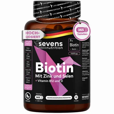 Produktbild von Biotin hochdosiert 10.000 mcg - Biotin Zink Selen B12 - Tabletten für Haarwuchs, Haut & Nägel, 365 Tabletten für 1 Jahr, Nahrungsergänzung ohne Zusatz