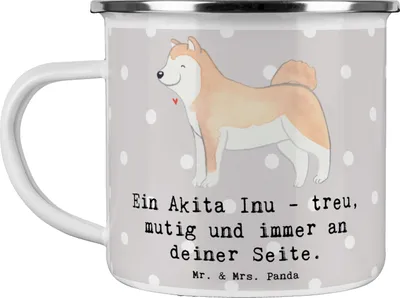 Produktbild von Mr. & Mrs. Panda Teetasse Akita Inu Freund - Grau Pastell - Geschenk, Teebecher, loyal, Hunderassen Charakter, Hunderasse, Emaille Tasse, besondere Bindung, Pott, becher