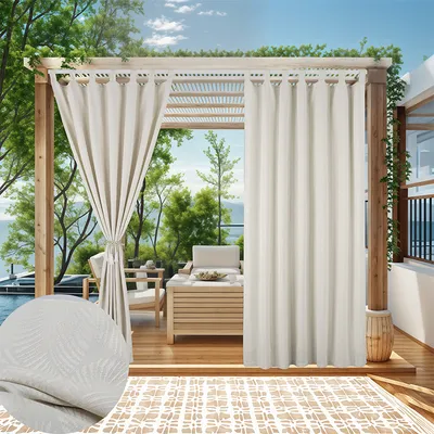 Image de (132cm*213cm, Beige) 2 rideaux d'extérieur en coton et lin, patte adhésive amovible avec velcro, à suspendre, imperméable, résistant à la lumière, respirant, pour kiosque, véranda, pergola, cabane, rideau brise-vue
