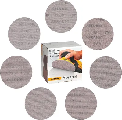 Produktbild von Mirka Abranet Netzschleifscheiben Ø 125 mm Klett / Mix-Pack 5 von jeder Körnung 80, 120, 180, 240, 320, 400, 600 / 35 Stk / Für alle 125mm Exzenterschleifer und Schleifmaschinen