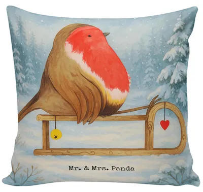 Produktbild von Mr. & Mrs. Panda Kuschelkissen Rotkehlchen Schlitten Design - Weiß - Geschenk, Couchkissen, kissen bedruckt, Zierkissen, 40x40, Deko, Weihnachten, Vogel, Polster
