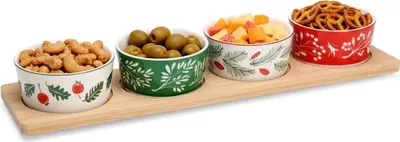 Image de Ensemble de 5 bols à goûter en porcelaine avec plateau en bambou